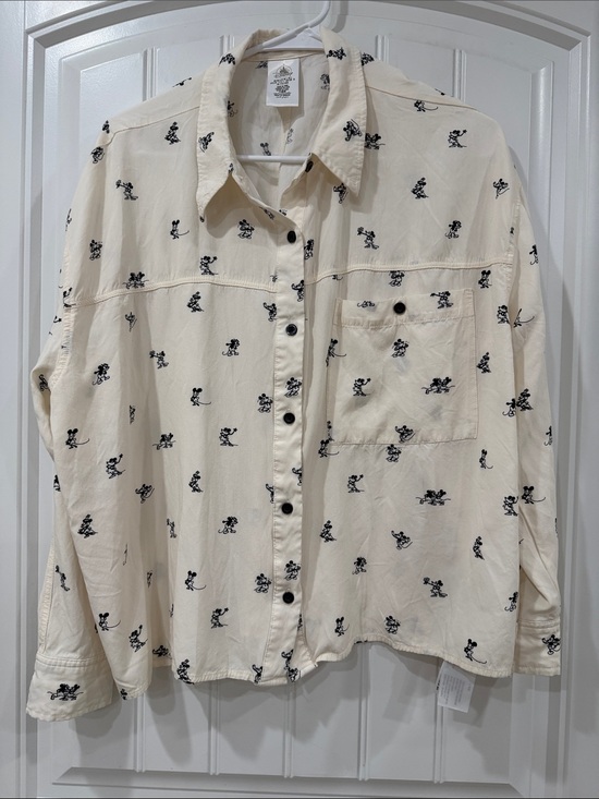 Disney Tops - NWOT Disney Cream Button-Up Shirt with Black Mickey Motif Steamboat Willy